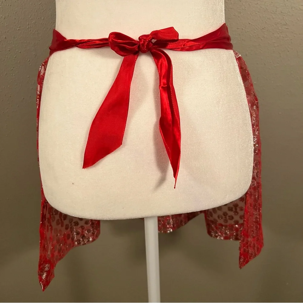Darling VTG Apron sheer red metallic polka dot ribbon tie Christmas vintage - Picture 3 of 7